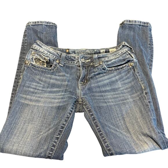 Miss Me Jeans 28 Skinny Blue Denim Crystal Rhinestone Bling Pocket Style - Picture 1 of 8
